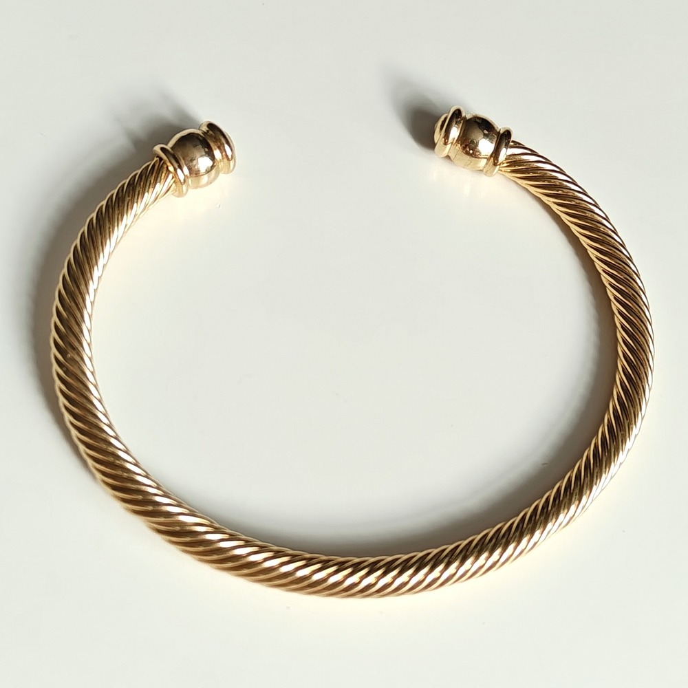 Gold Tone Twisted Cable Cuff Bracelet Open Bangle Ball Finials Classic Style